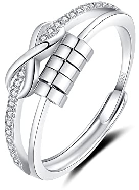 Deyanse Ångestring, 925 sterling silver anti-stressring, pärlspinner ångest ringar för kvinnor kvinnor, ångestring, silver, justerbara ringar, öppen justerbar spinner fidgetring anti-stress ring,