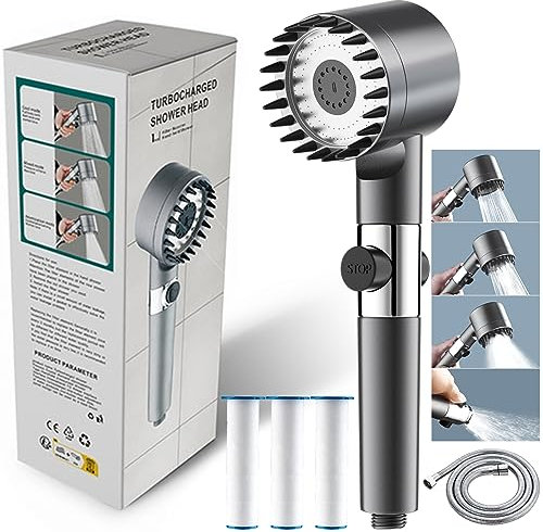 2023 Shower Head and Hose, Newest High Pressure Power Shower Heads with 4 Spray Modes, Showerhead with Water Stop Button & 3Pc Filter, Multi-Functional Showery Washers Built-in Spray to Clean Corner