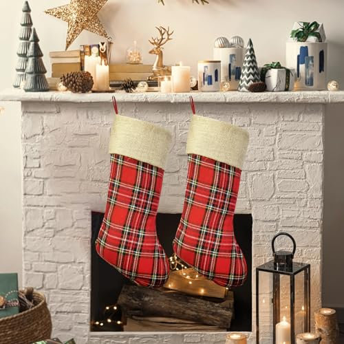climafusion 2 Stück Weihnachtsstrumpf, Plaid Nikolausstrumpf 43cm groß mit Jute Cuff zum befüllen, Dekoration für Weihnachten Weihnachtsbaum
