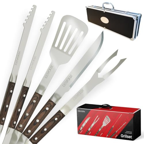 DEVORX Grillbesteck Set aus Edelstahl – Grillzange, Wender, Gabel & Messer – Geschenkidee für Männer zum BBQ & Geburtstag