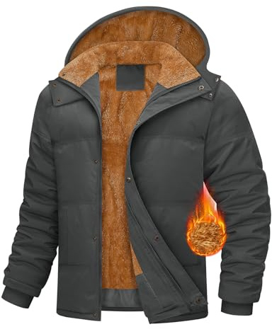 CMTOP Chaqueta Hombre Invierno Cálido Cazadora Forro Polar Grueso Chaqueta Acolchada Largo Termico Abrigo Invierno Casuales Parka con Capucha Desmontable y Bolsillos(Gris oscuro, L)