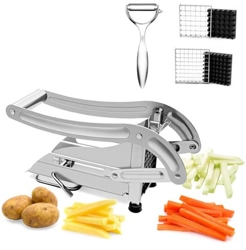 PAXLINSEN Pommesschneider, Rutschfester Vakuumsaugfuß kartoffelschneider scheiben, Gemüseschneider inkl. 2 Edelstahl-Einsätzen und 1 Schälmesser