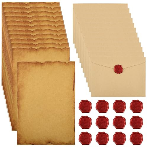 40 Stück Vintage Briefpapier mit Umschlag, Set Vintage Schreiben mit 12 Vintage-papier Briefumschläge, 16 A5 Briefpapier und 12 Wachssiegel-aufkleber, für Liebesbrief, Hochzeit,Geburtstag,Weihnachten