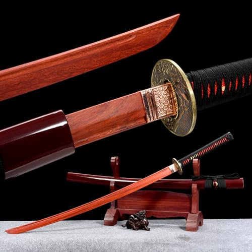 HJHUUA Bokken Rosso Fatto a Mano da 102 cm,Spada da Samurai in Mogano Naturale,Spada da Allenamento Katana in Legno per Kendo,Decorazione,Cosplay,Oggetti di Scena,Display