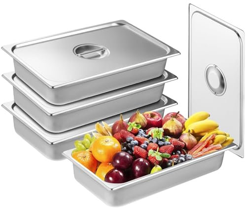 DHQCQL Pfannen Behälter, Gastronormbehälter aus Edelstahl, 4 Stück Edelstahl Catering-Pfannen mit Abdeckung, 9L Metall Dampfpfannen Warmhaltebehälter, Vorratsbehälter für Buffet Gemüse