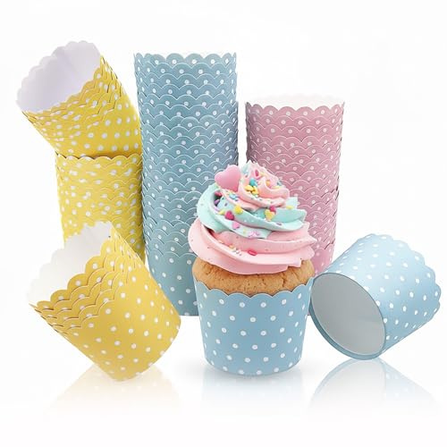 Muffinsformar papper 150 stycken cupcake-formar baktillbehör – muffinsformar glassbägare kartong för födelsedag, bröllop, dessertfest (färgade prickar design)