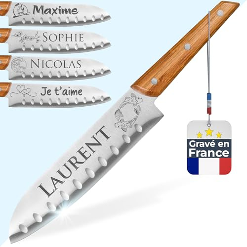 Coltello da Cucina personalizzato - Coltello da chef personalizzabile - Manico in bambù - Lama in acciaio inossidabile inciso - regalo di festa del papà - idea regalo per l'uomo, papà (Santoku)