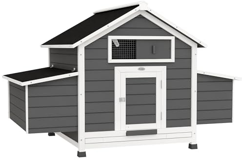 PawHut Pollaio in Legno da Esterno con 2 Nidi di Cova, Casetta per Galline con Vassoio Rimovibile e Tetto in Asfalto, per 2-4 Galline, Grigio