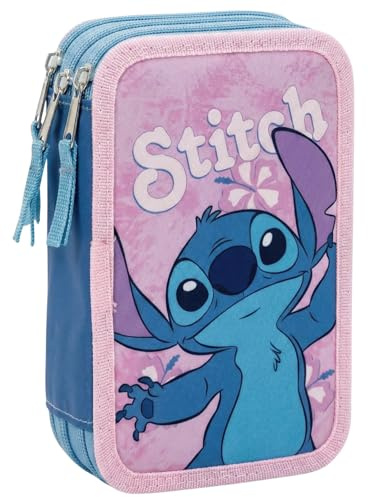 Clondo Astuccio 3 Scomparti Completo, Per Stitch Fan, 44 Pezzi Inclusi, Penne, Matite, Pennarelli, Pastelli, Righello – Scuola Elementare e Regalo – Gadget Ufficiale Per Bambina