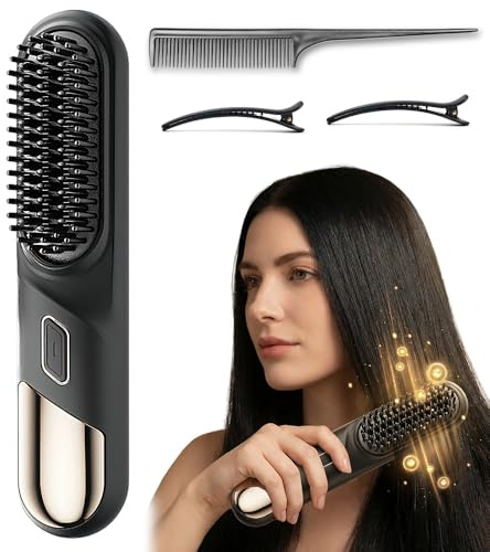 Hair Straightener Brush, 2026 New Cordless Volumizing Hair Brush for Short Hair, Portable Rechargeable Straightener Brushs, Mini Spread Protection Comb for Long-Lasting Design (Black)