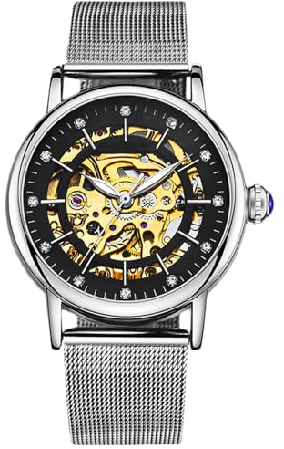 RORIOS Montre mécanique Automatique pour Femme avec Cadran Squelette et Bracelet en Acier Inoxydable, Noir B, Bracelet
