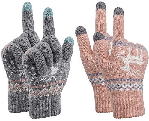MengH-SHOP Guantes Touch Screen para Mujer Elástico Guantes de Punto para Pantalla Táctil Guantes de Cálidos Invierno Talla única 2 Pares (Rosa y Gris)