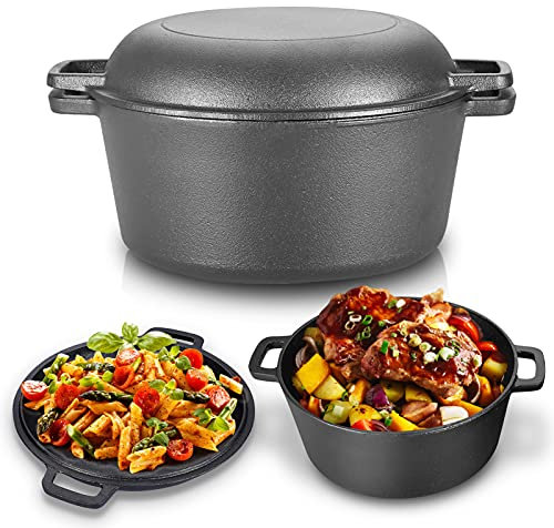 Casserole en fonte, 2 en 1 casserole de 4,5 l Réchaud combiné double Dutch Oven avec couvercle/poêle à frire double fonction de marque pour cuisine camping jardin cuisson barbecue 26 * 26 * 12 cm
