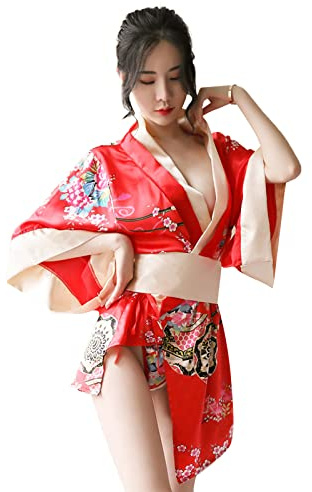 TINAYAUE Kimono Japonais traditionnel pour femme Lingerie sexy Cardigan Lacets Yukata Vêtements de cosplay Sous-vêtements rétro Pyjama Costume Peignoir