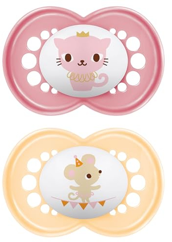 MAM Original Soothers | 6-18 Months | 2 Pack | Comes in Dummy Steriliser Case | Sustainable Materials | Baby Accessories | Pink/Lilac (Various Designs)