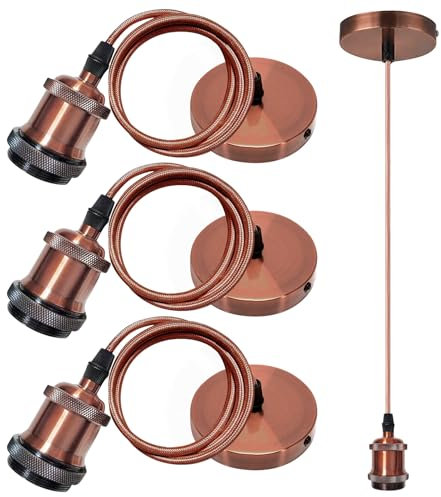 3 Lampadine E27 Con Anello a Vite, Portalampada Con Cavo, Vintage, Per Lampada a Sospensione, Attacco Con Corda da 1,5 m, Bronzo Rosso, Per Casa, Bar, Caffetteria