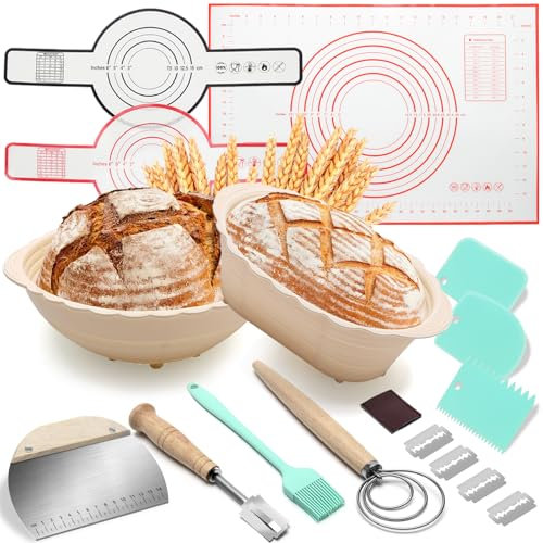 Windspeed Sourdough Bread Baking Supplies Kit of 13 Sourdough Starter Kit Include 10 and 8 Inch Bread Proofing Basket Dough Scraper Basting Brush Linen Dough Bag Whisk and Others