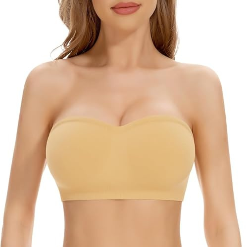 Cavotor Strapless Push Up Bra for Women Bandeau Bra Padded Stay Up Non-Slip Silicone Supportive Strapless Bras for Bigger Bust Non Wired Comfort Bralette (Pull On-Beige,S)
