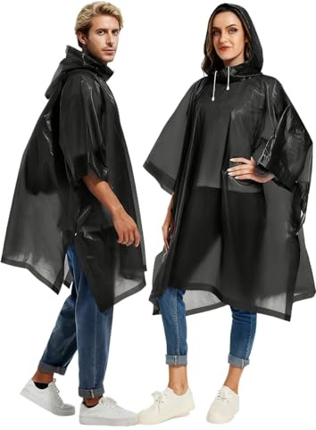 QMAHA 2 Pièces Poncho Pluie Imperméable, Réutilisable Cape de Pluie Unisexe EVA Poncho de Pluie Adulte, Cape de Pluie Femme Homme Poncho Anti Pluie à Capuche pour Festival Randonnée Vélo Voyage