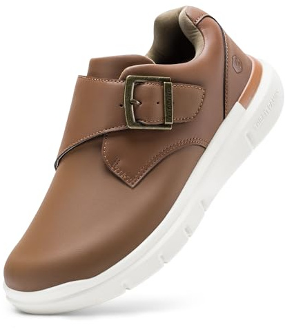 FitVille Extra Wide Walking Shoes for Men Diabetic Swollen Feet Wide Comfortable Casual Dress Shoes for Men with Adjustable Strap Brown