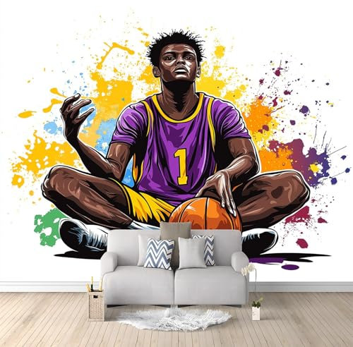 Papel Pintado Amarillo oscuro Papel Jugador de baloncesto sentado en el suelo para Papel Pared Mural 250 x 175 cm Adecuado para muebles de salón cocina armario decoración de dormitorio