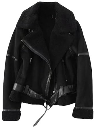 Chaqueta De Piel De Sherpa De Gamuza para Mujer, Chaqueta De Bombardero De Invierno De Forro Polar Cálido, Abrigo De Motociclista con Forro De Sherpa, Abrigo De Piel De Aviador De Invierno con Cuel