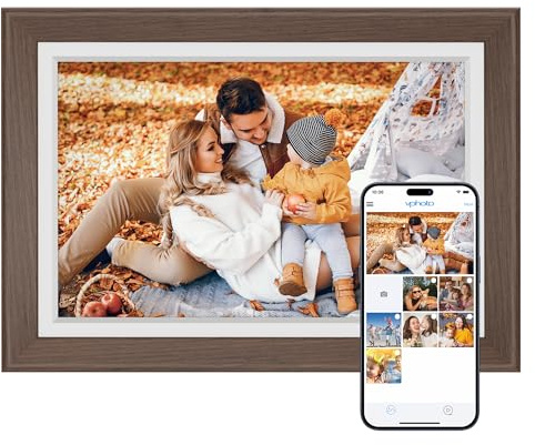 Dragon Touch 10.1'' WiFi Digitaler Bilderrahmen – HD IPS Touchscreen, Auto-Rotate, Sofortiges Teilen von Fotos/Videos, 32GB Speicher Familie und Freunde-Braun