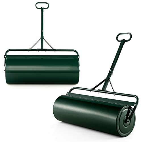 COSTWAY 113L Rodillo de Césped Metálico, Rodillo de Césped para Empujar o Tirar Llenado de Agua o Arena con Mango Desmontable para Jardín, Patio, Parque, Granja (Verde, 146x99x40cm)
