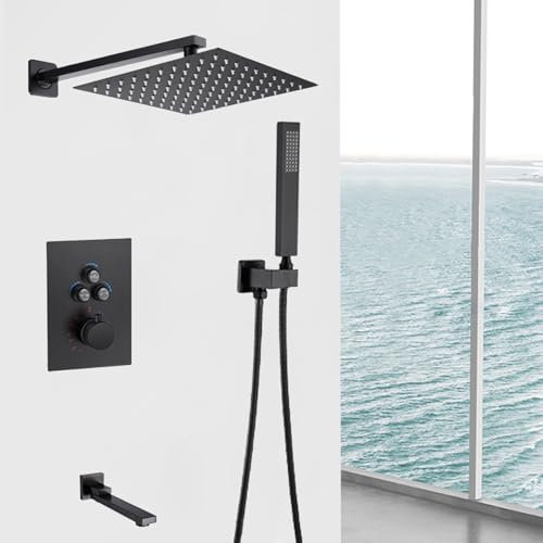 ERSINIAN Columna de Ducha con Mezclador termostático, Cabezal de Ducha y Manguera Negros, Sistema de Ducha empotrable Cuadrado, Acero Inoxidable B, 10 Pulgadas, Tres Funciones