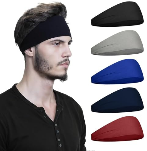 Men's Wide Head Sports Headbands, Sweat Wicking Headbands, Breathable & Quick, Dry for Fitness, Jogging, Running, Biking, Hiking & Basketball, Unisex Design for All Athletes(5 PCS)