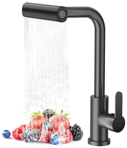 Ruimooto Grifo de cocina, cascada, grifo de cocina con 4 modos, grifo mezclador de cocina de alta presión, acero inoxidable, giratorio 360°, color negro