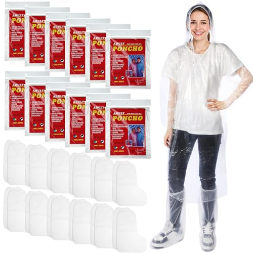 Chicingyou 24 Pack Disposable Rain Ponchos for Adults Set 12 Pcs Clear Emergency Ponchos with Hoods Drawstring Elastic Sleeves and 12 Pairs Waterproof Shoe Boot Covers for Men Women Travel Camping