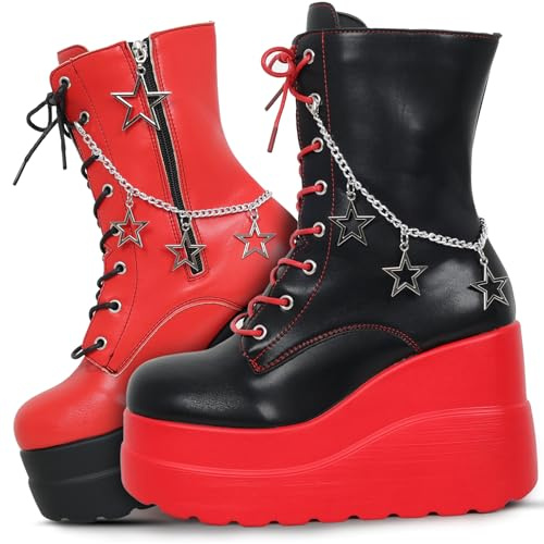 Gothniero Goth Plateau-Stiefel, schwarz, Gothic, klobiger Absatz, Stiefel für Damen, Kampfstiefel, Keilstiefel, mit seitlichem Reißverschluss, Schnürung, Größe 36-42, 01Red, 39.5 EU