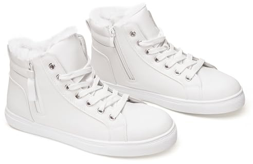 GLAMORA Calde scarpe invernali da donna foderate in pelliccia sintetica - Stivaletti da neve alla caviglia con lacci, sneakers alte antiscivolo per camminare, lavorare, arrampicarsi, ecc.-White-36