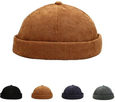Chapeau docker pour homme en velours côtelé avec manchette sans bord rétro chapeau de travail bonnet marin casquette de montre réglable, camel, Taille unique