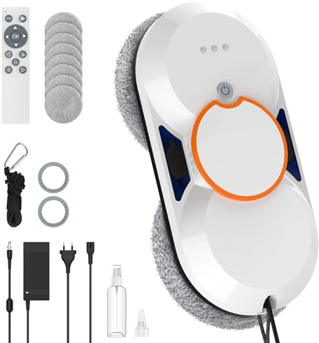 IERAKOR Robot Lavavetri, 5600Pa Robot Lavavetri Finestre con Doppio Sistema di Spruzzo, 3 Modalità Pulizia, Telecomando, Navigazione Intelligente, Rilevamento dei Bordi, Protezione Anticaduta＆8 Panni