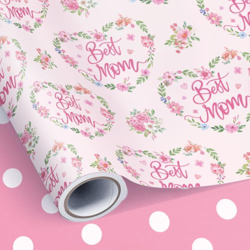 Neloheac rosa bästa mamma presentpapper med blomkrans, vändbara prickar presentpappersrulle 43 cm x 10 m för mors dag, mamma födelsedag, kvinnor | Dubbelsidig hjärta blommig girlang och rosa prickigt mönster design, minirulle för mamma mors dag elegant presentförpackning