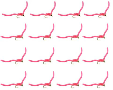 Squirmy Worm fiskefluga, set med 16 mjukt silikonbete för öring | S-kurva rörelse, kolfiberstålkrokar, sortiment av ljusa färger, förvaringslåda ingår, mjuk och motståndskraftig
