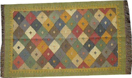 GURU SHOP Orientalischer Grob Gewebter Kelim Teppich 160x90 cm - Muster 2, Grün, Leinen, Teppiche, Bodenmatten