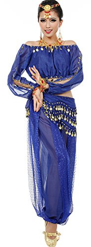 Astage Mujeres Danza Del Vientre Disfraz Active Wear Top Pantalones Cinturón Conjunto Azul real