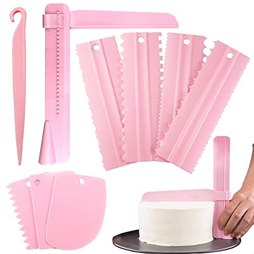 Shao hua 9 Stück Kuchenschaber, verstellbarer Fondant-Glätter, Kuchen, Kuchendekorationskamm, Teigschaberkarte, Küchen-Backwerkzeuge DIY, 7 verschiedene Schaber (Rosa)