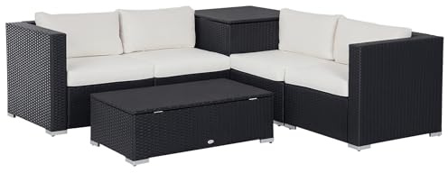 Outsunny Set Mobili da Giardino 6 Pezzi Componibile in Rattan PE, Salotto da Esterno con 4 Poltrone Imbottite e 2 Tavolini Contenitore, Nero e Crema