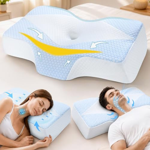 Memory Foam Neck Support Pillow for Neck and Shoulder Pain Sleeping with Cooling Pillowcase: Ergonomic Cervical Pillow 5X Pain Relief - Contour Bed Bolster Pillows for Side Back Stomach Sleepers