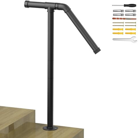 smusei Single Post Handrail for 1-2 Steps, Adjustable Height Metal Stair Handrail Black, Patio Porch Outdoor Garden Handrails Safety Hand Support Railing for Elderly, Children & Others, H 85/105CM