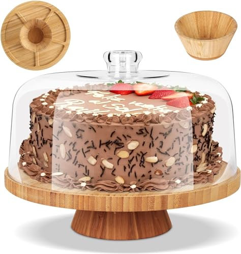 Myiosus Espositore per torta in legno, con campana per torta in acrilico, supporto per torta rotondo, per matrimonio, compleanno, festa di compleanno, buffet