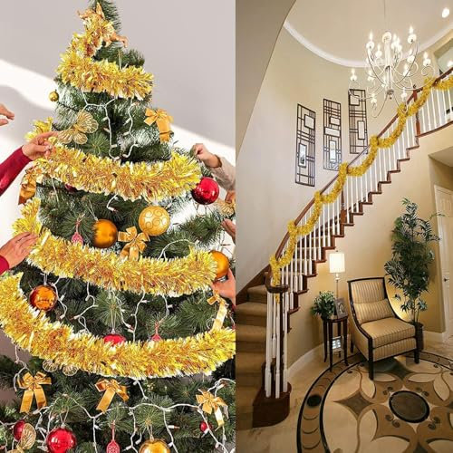 Weihnachtsbaum Lametta Girlande, 6 Stück 2 m Weihnachtsdeko Girlande, Christbaumschmuck Girlande, Girlande Weihnachten (Gold)