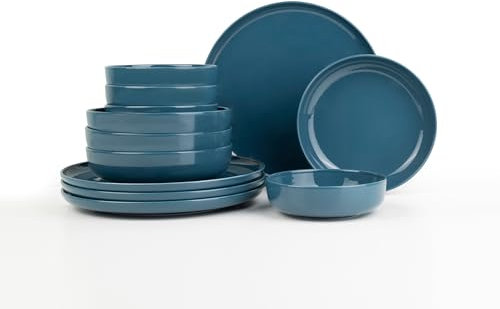 Kütahya Porselen Modernes Geschirrset 12-teilig für 4 Personen – Dunkelblaues Porzellan – Teller & Schüsseln – Spülmaschinenfest, Stilvolles Design für Dinner & Alltag