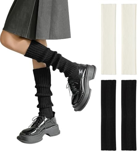 Youery 2 Paar lange Beinstulpen für Damen und Mädchen, Beinwärmer Acrylic, gestrickte Beinstulpen, Winterstiefelmanschetten Warme Kniewärmer, Stulpen Schwarz und Weiß für Alltag, Tanz, Sport