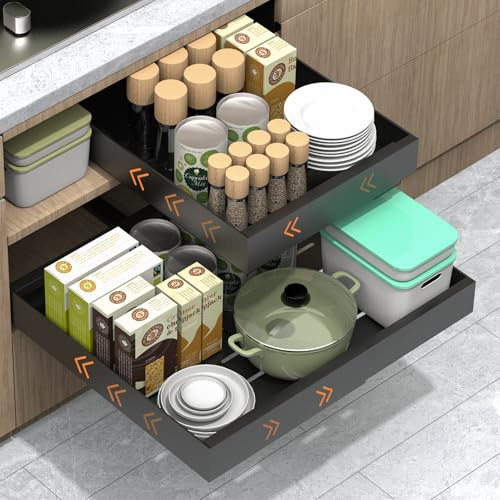 HOZKUY Expandable Pull Out Cabinet Organizer Adhesive, Peel And Stick Slide Out Drawers for Kitchen Cupboard, Pull Out Shelves For Kitchen Pantry Organization Adjustable Width 12.8-20.5