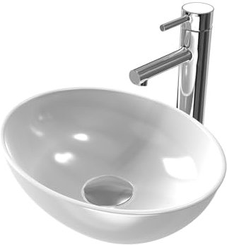 EMKE Lavabo à Poser Ovale 35× 27 × 11 cm, vasque en Céramique pour Salle de Bain et WC Invités, Mini Lavabo Petit,Blanc